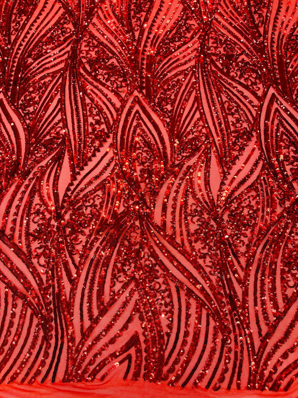 Red Shiny Geometric Feather wing shiny sequin design on a 4 way stretch mesh Fabric-prom-sold by the yard.