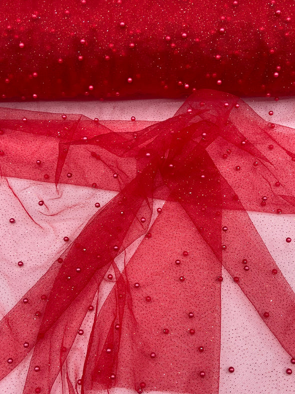 Pearl Glitter Studded Mesh, 2-Way Stretch Shimmer Mesh Fabric, Sold by the yard.