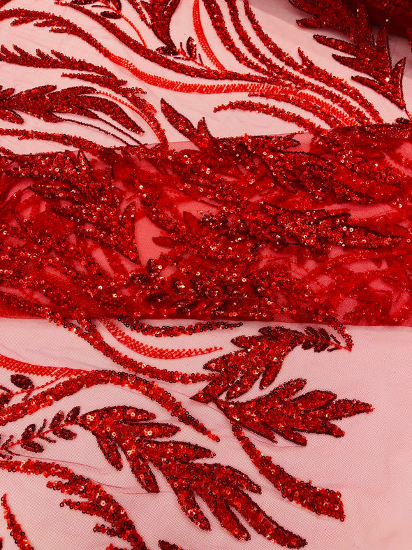 Red Luxury Festival Beaded Vine Lace Fabric, Sold by The Yard.