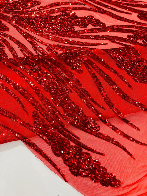 Red Feather damask shiny sequin design on a 4 way stretch mesh Fabric-prom-Sold by the yard