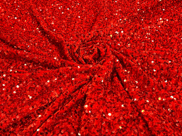 Red 54" Stretch Velvet with Luxury Sequins All Over 5mm Shining Sequins 2-Way Stretch. Sold by the yard.