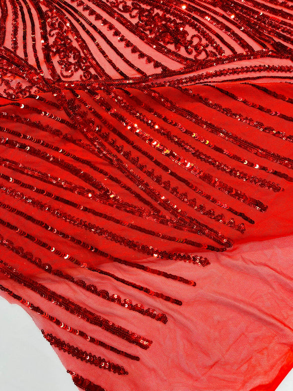 Red Shiny Geometric Feather wing shiny sequin design on a 4 way stretch mesh Fabric-prom-sold by the yard.