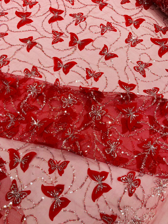 Red 3D Butterfly Design Embroider and Beaded on a Mesh Lace-Prom-Sold by yard.