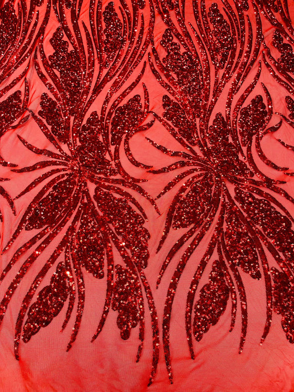 Red Feather damask shiny sequin design on a 4 way stretch mesh Fabric-prom-Sold by the yard