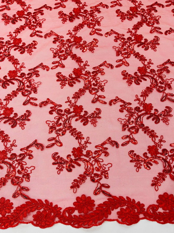 Red Flower lace corded and embroider with sequins on a mesh- Sold by the yard