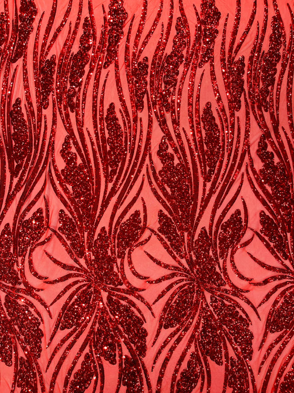 Red Feather damask shiny sequin design on a 4 way stretch mesh Fabric-prom-Sold by the yard