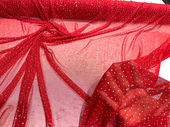 Sheer All Over AB Rhinestones On Stretch Power Mesh Fabric, Sold by The Yard
