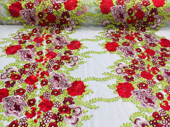 Red White Roses Multi Color Floral Design Embroider on a Black Mesh Lace Fabric- Sold by the yard.