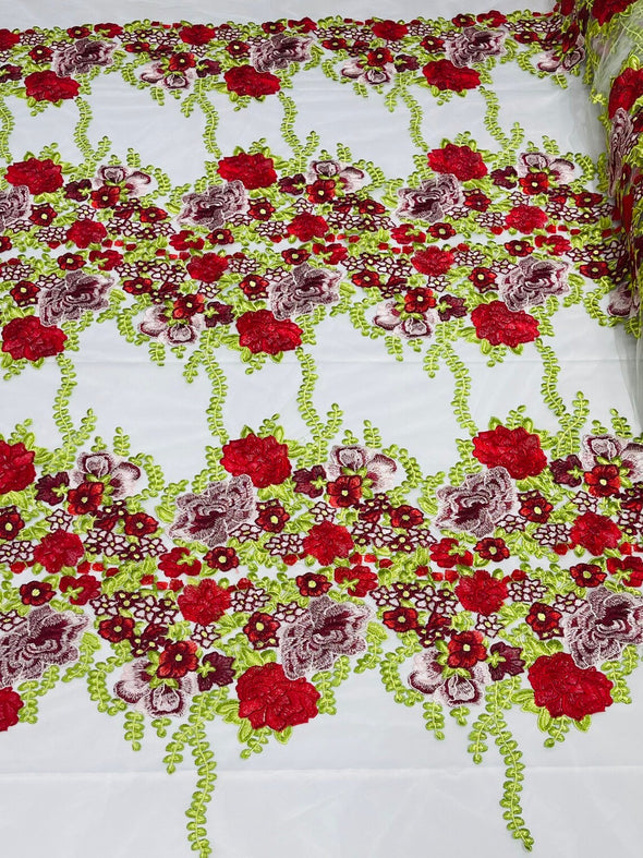 Red White Roses Multi Color Floral Design Embroider on a Black Mesh Lace Fabric- Sold by the yard.