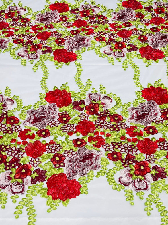 Red White Roses Multi Color Floral Design Embroider on a Black Mesh Lace Fabric- Sold by the yard.