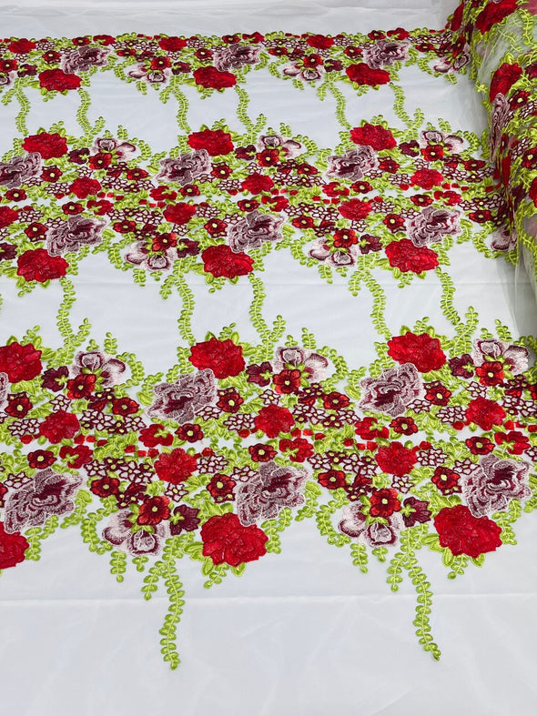 Red White Roses Multi Color Floral Design Embroider on a Black Mesh Lace Fabric- Sold by the yard.