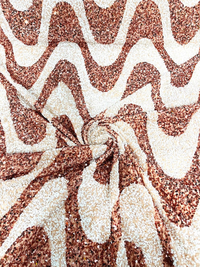 Rose Gold- White Sequin Wave Design stretch velvet all over 5mm shining sequins 2-way stretch, sold by the yard.