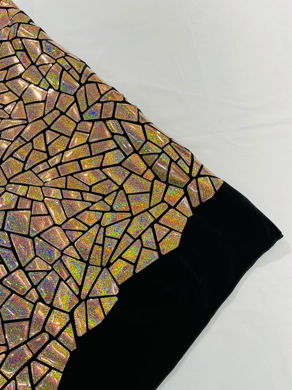 Rose Gold Holographic Broken Glass Sequin Design/Geometric/ On Black Stretch Velvet Fabric Sold By The Yard