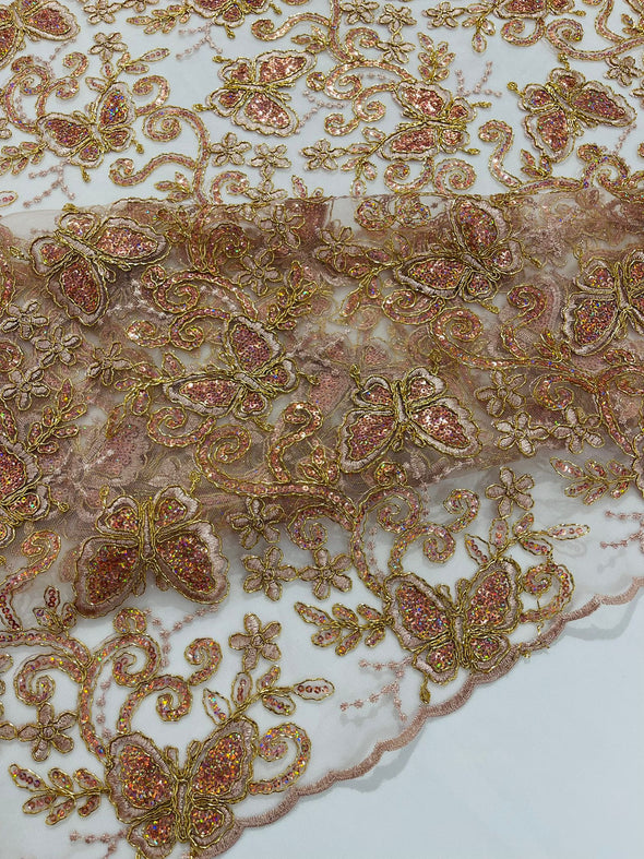 Corded Lace/ Butterfly Design Embroidered With Sequin on a Mesh Lace Fabric