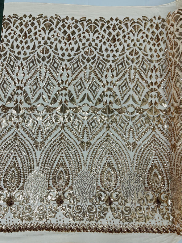 Rose Gold Diamond Geometric Sequin On A Stretch Mesh Fabric. By The Yard.