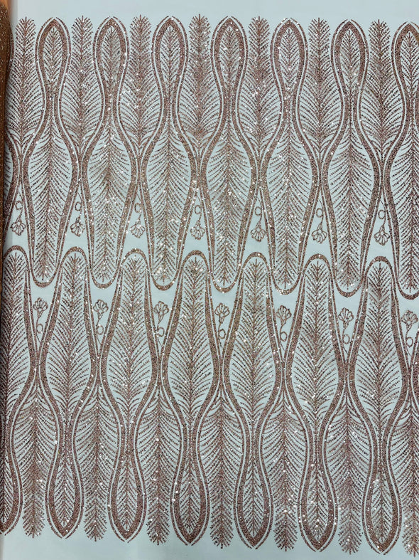 Rose Gold Glitter Feather Damask Design On A Mesh Lace Fabric/Prom.