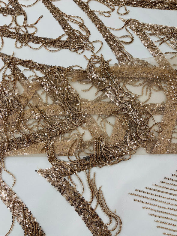 Rose Gold Geometric Fringe Beaded Design With Sequins On A Mesh Fabric/Prom.