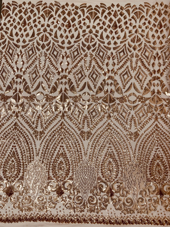 Rose Gold Diamond Geometric Sequin On A Stretch Mesh Fabric. By The Yard.