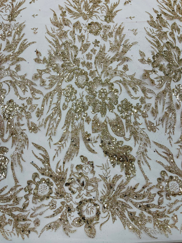 Big Glitter Damask Design On A Mesh Lace Fabric/Prom/Sold By The Yard