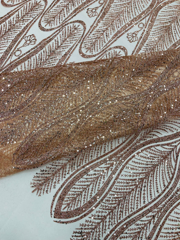 Rose Gold Glitter Feather Damask Design On A Mesh Lace Fabric/Prom.