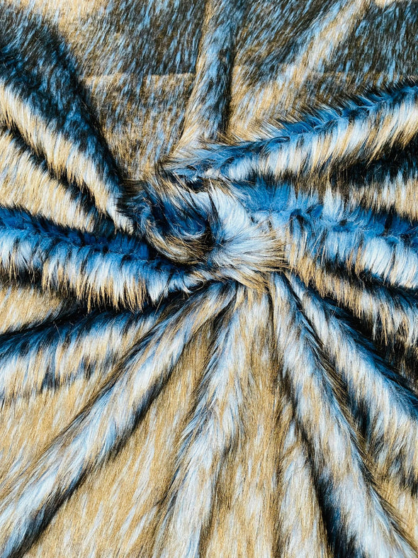 Royal Blue-Black Husky Faux Fur, 2 Tone Shaggy Faux Fur 60" Wide.