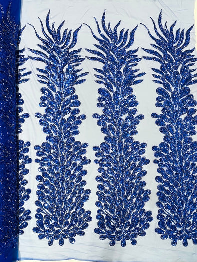 Royal Blue New Vegas heavy beaded feather design embroidery on a mesh fabric-Sold by the panel
