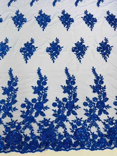 Royal Blue Floral design embroider and beaded on a mesh lace fabric-Wedding/Bridal/Prom/Nightgown fabric.
