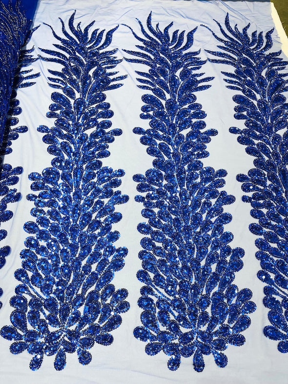 Royal Blue New Vegas heavy beaded feather design embroidery on a mesh fabric-Sold by the panel