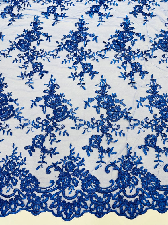 Royal Blue Bloom corded lace and embroider with sequins on a mesh -Sold by the yard