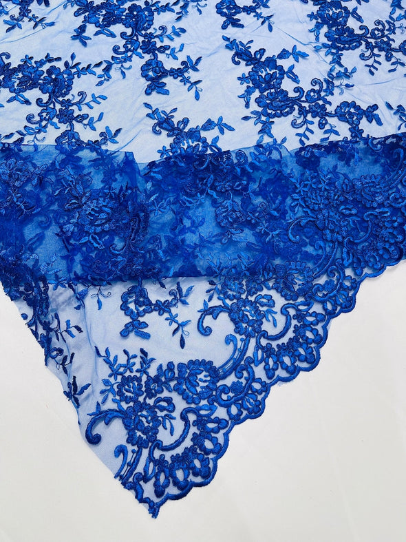 Royal Blue Bloom corded lace and embroider with sequins on a mesh -Sold by the yard
