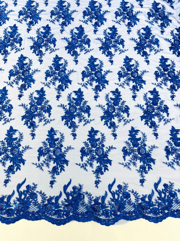 Royal Blue Gorgeous French design embroider and beaded on a mesh lace. Wedding/Bridal/Prom/Nightgown fabric