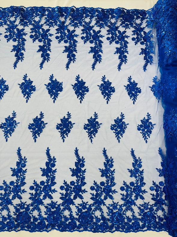 Royal Blue Floral design embroider and beaded on a mesh lace fabric-Wedding/Bridal/Prom/Nightgown fabric.