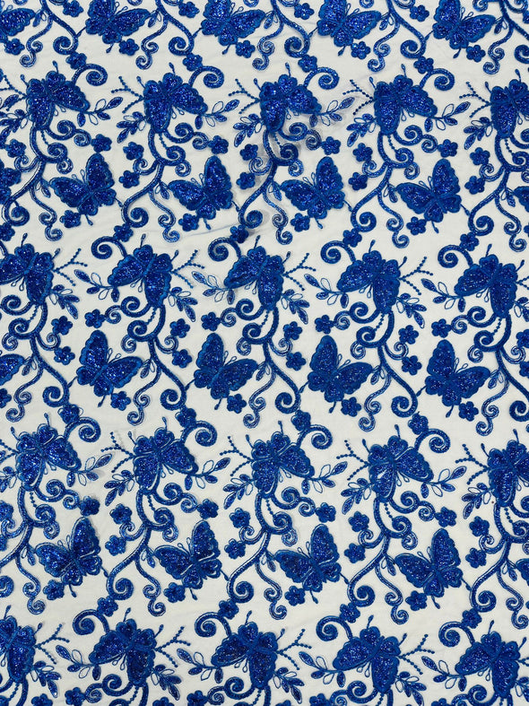 Royal Blue Metallic Corded Lace/ Butterfly Design Embroidered With Sequin on a Mesh Lace Fabric