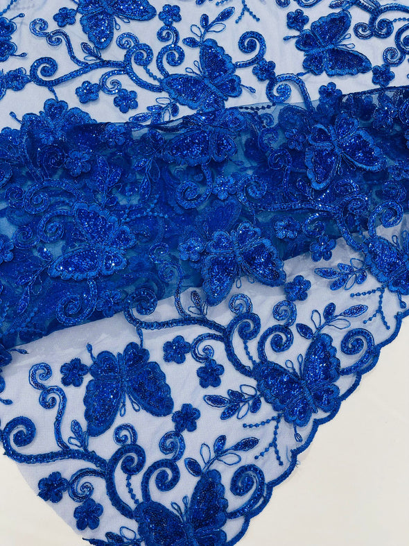 Royal Blue Metallic Corded Lace/ Butterfly Design Embroidered With Sequin on a Mesh Lace Fabric