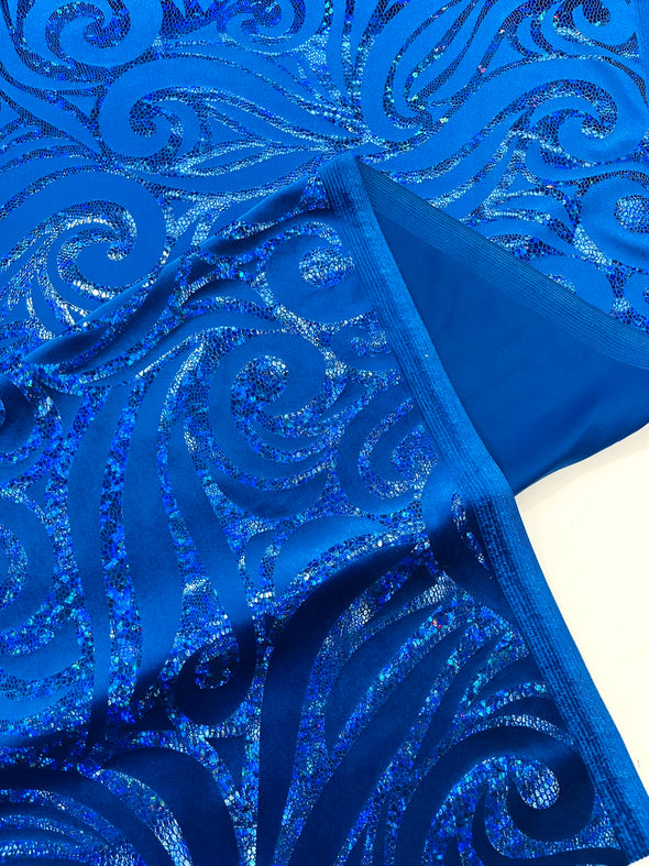 Holographic Foil Tribal Flame Design On A Stretch Velvet Fabric. By The Yard