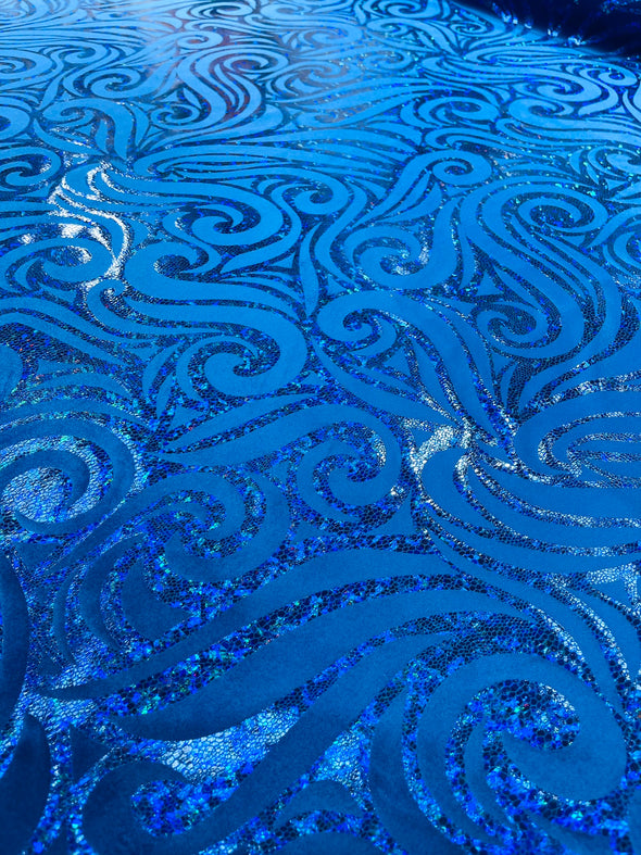 Holographic Foil Tribal Flame Design On A Stretch Velvet Fabric. By The Yard