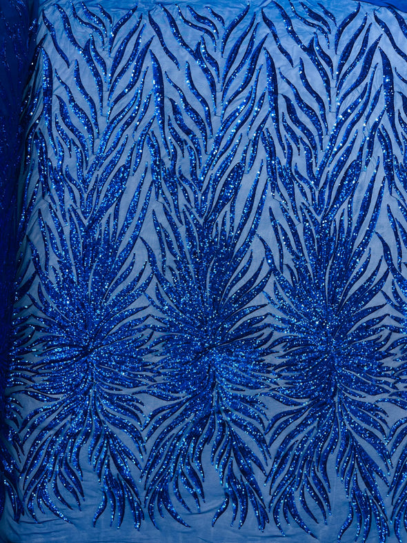 Royal Blue Phoenix Feather Design with Sequins Embroider on a Royal Blue 4 way Stretch Mesh Fabric- Sold by the yard.