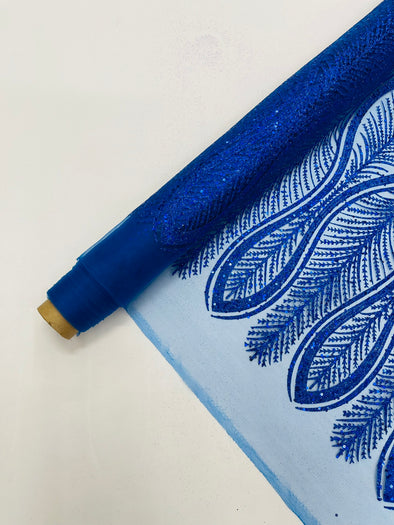 Royal Blue Glitter Feather Damask Design On A Mesh Lace Fabric/Prom.