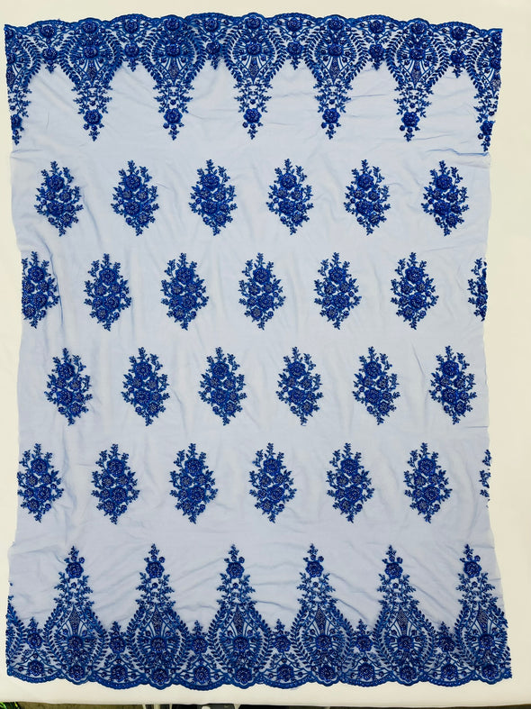 Royal Blue Classic Beaded Damask Lace, Sold by The Yard.