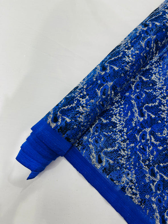 Royal Blue Shattered Glass Snake Design Nylon Spandex Fabric, 4-Way Stretch, Medium Weight, Sold by The Yard.