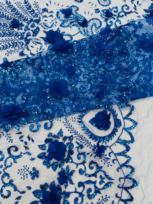 Floral 3D Palm Damask with glitter in a Mesh Lace- Sold by the yard.