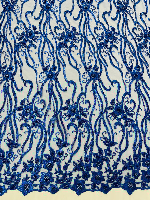 Royal Blue  Vine Floral Beaded Lace Sequin Embroider lace Sold By The Yard.