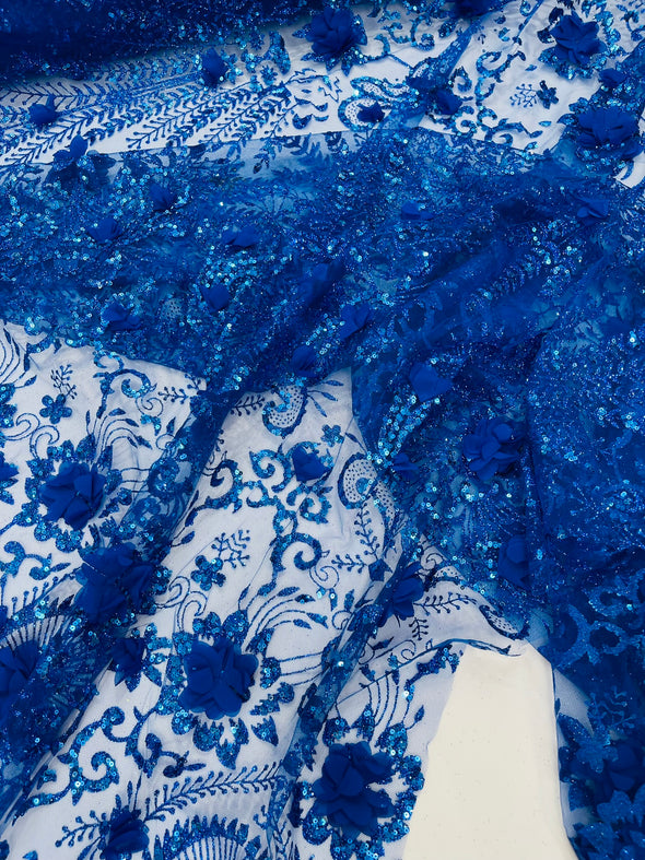 Floral 3D Palm Damask with glitter in a Mesh Lace- Sold by the yard.