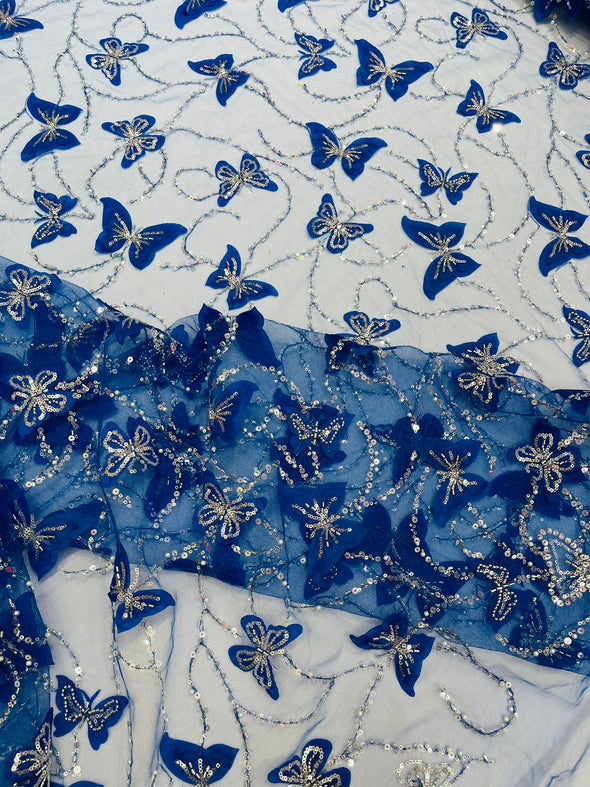 Royal Blue 3D Butterfly Design Embroider and Beaded on a Mesh Lace-Prom-Sold by yard.