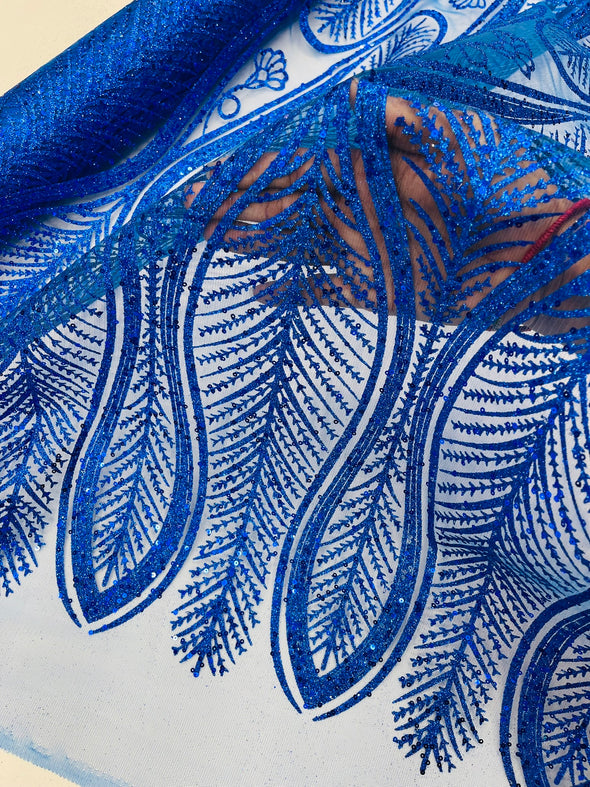 Royal Blue Glitter Feather Damask Design On A Mesh Lace Fabric/Prom.