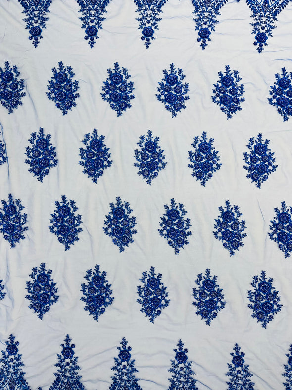 Royal Blue Classic Beaded Damask Lace, Sold by The Yard.