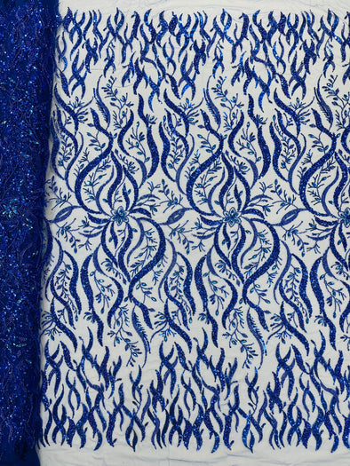 Royal Blue Vine Design Embroider And Heavy Beading/Sequins On A Mesh Lace Fabric/Wedding Lace/Costplay.