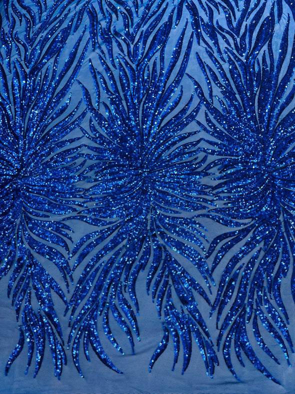 Royal Blue Phoenix Feather Design with Sequins Embroider on a Royal Blue 4 way Stretch Mesh Fabric- Sold by the yard.