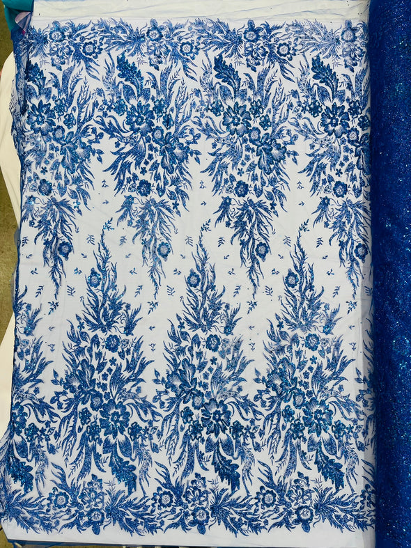 Big Glitter Damask Design On A Mesh Lace Fabric/Prom/Sold By The Yard