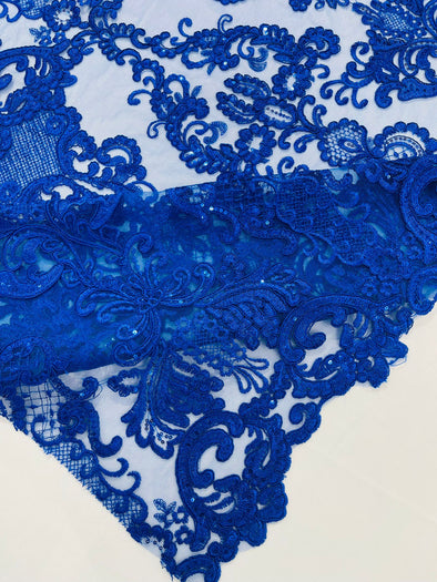 Royal Blue Embroidery Damask Design With Sequins On A Mesh Lace Fabric/Prom/Wedding